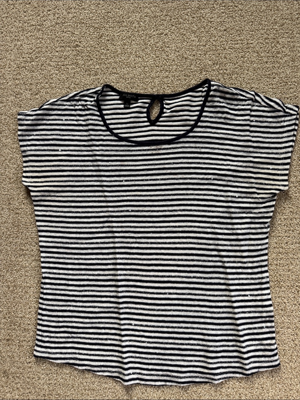 Talbots Striped Short-Sleeve Crew Neck Top with sequins in Navy and White